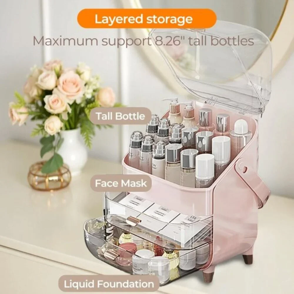 Pink Makeup Organizer, 2-Drawer Dustproof Vanity Storage with Lid for Skincare